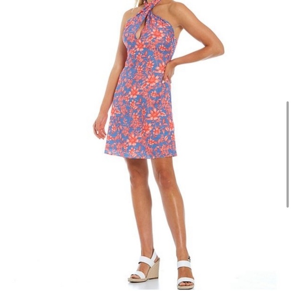 Badgley Mischka Halter Orange Blue Floral Stripe Dress Spring Delilah New - Picture 11 of 11